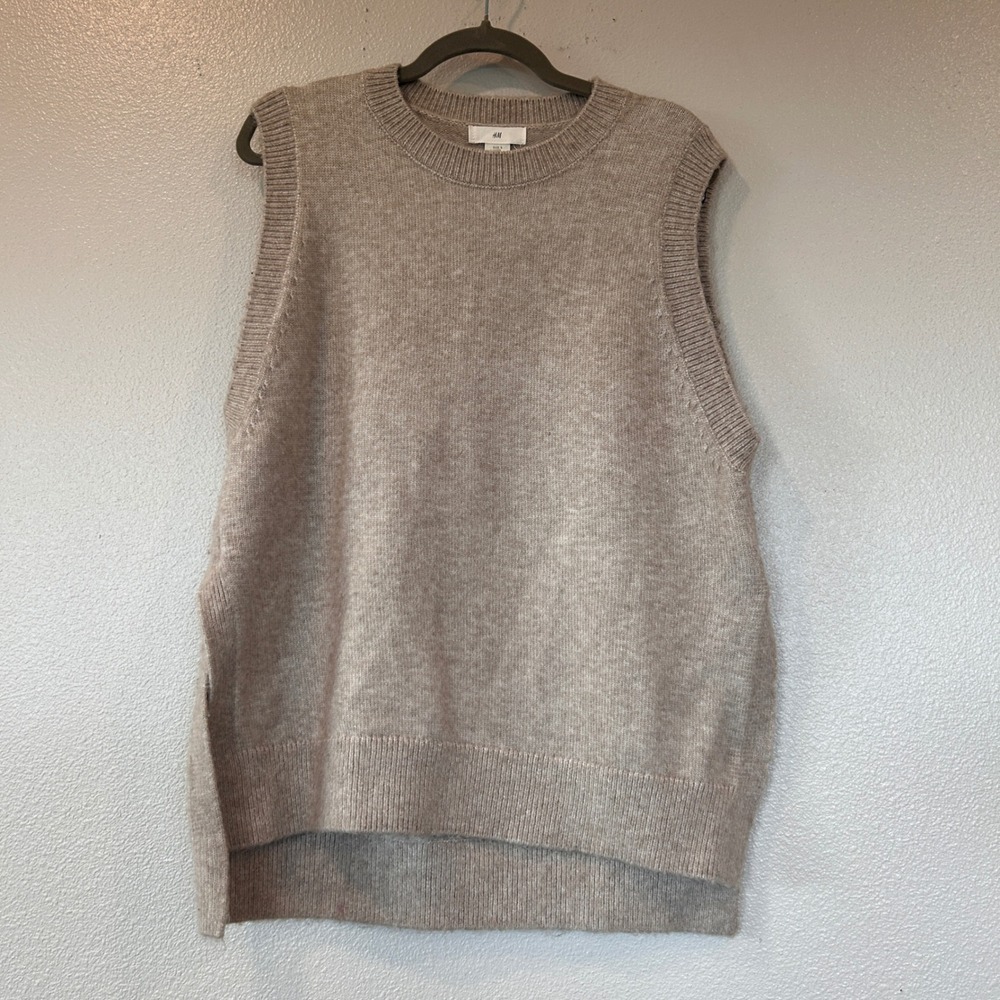 H&M Alpaca Blend Knit Sweater Vest Taupe Beige Oversized Side Slit Small